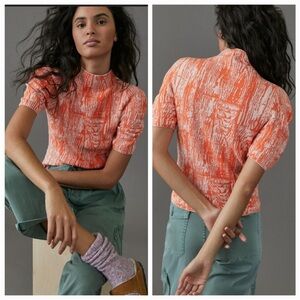 Maeve Anthropologie Orange and Cream Textured Mock Neck Short Sleeve Top